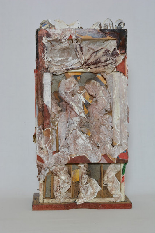 Angyali Üdvözlet (Nórák I.), 2007-2008, (elölnézet), íróasztalfiók, vegyes technika, 65 x 34 x 23 cm.